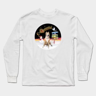 Brown and White PitBull Watches Santa Take Off Long Sleeve T-Shirt